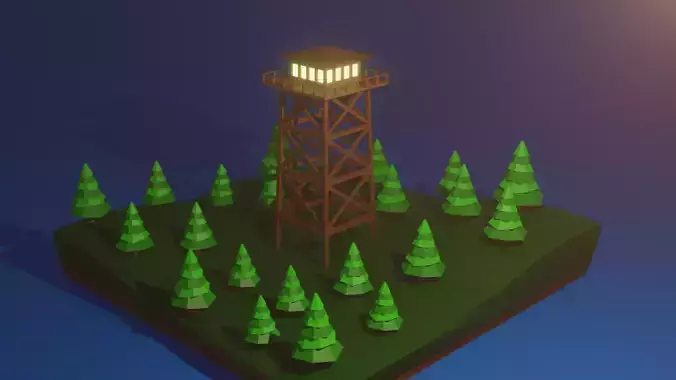 Low Poly Watchtower lighthouse in forest Low-poly 3D model