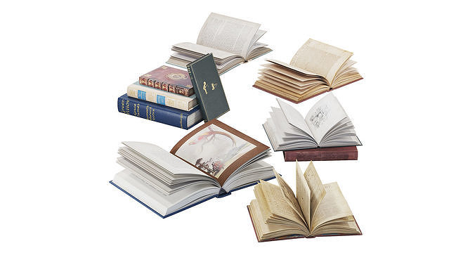 Books Collection set 5 open book with gold medallion on cover 3D model