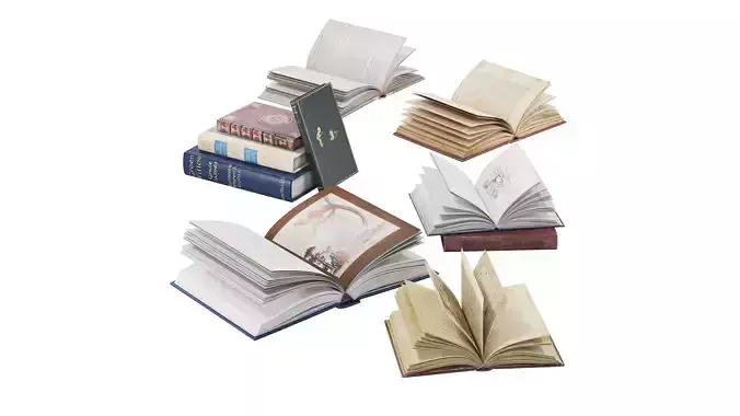 Books Collection set 5 open book with gold medallion on cover 3D model