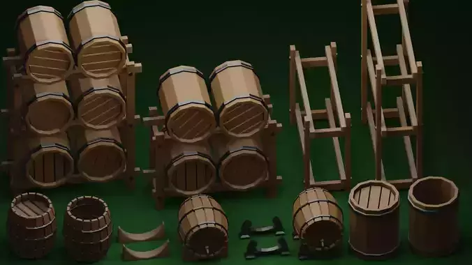 LOW POLY BARRELS three wooden Low-poly 3D model