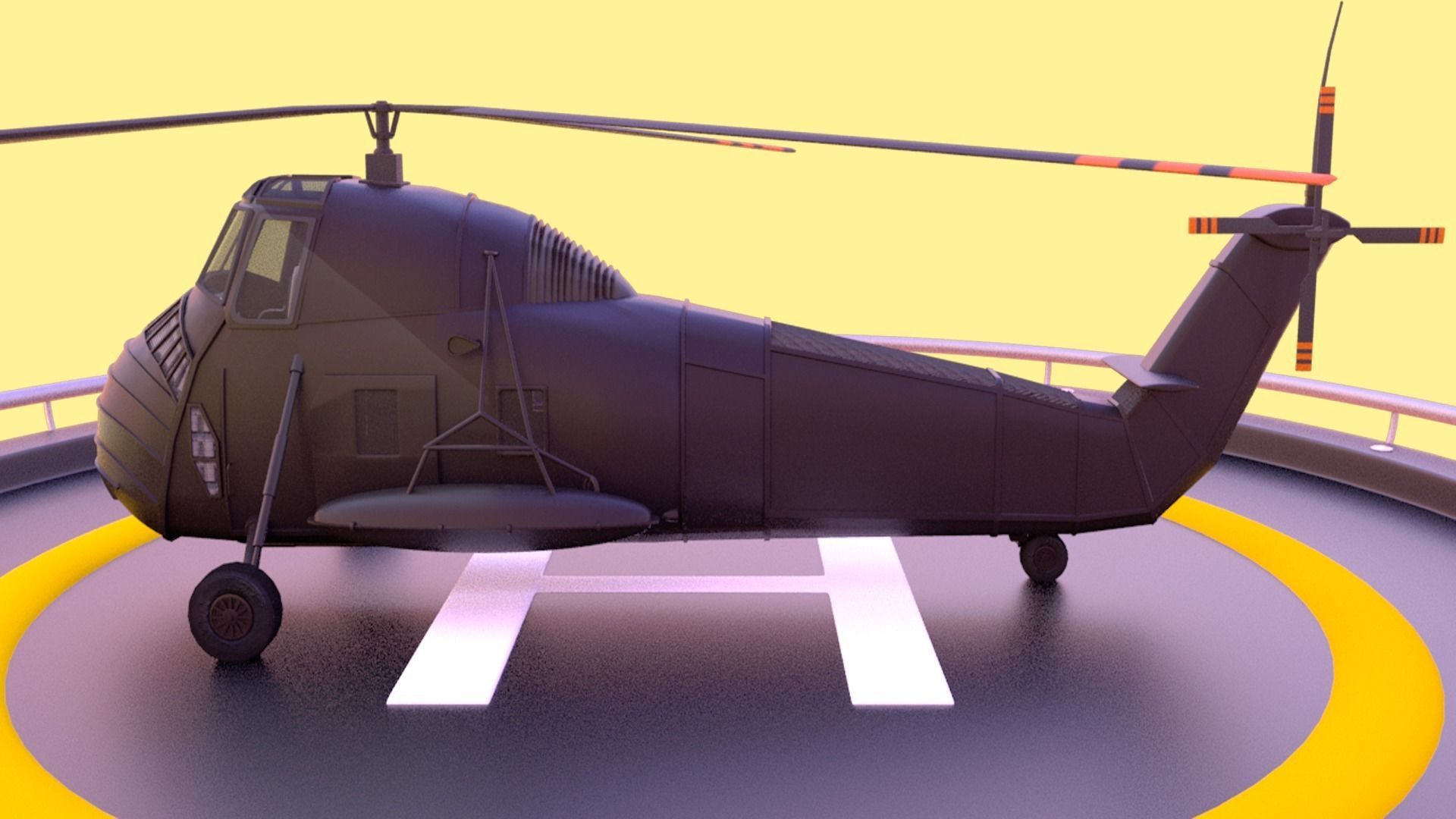 Helicopter hovering on circular platform Low-poly 3D model_1