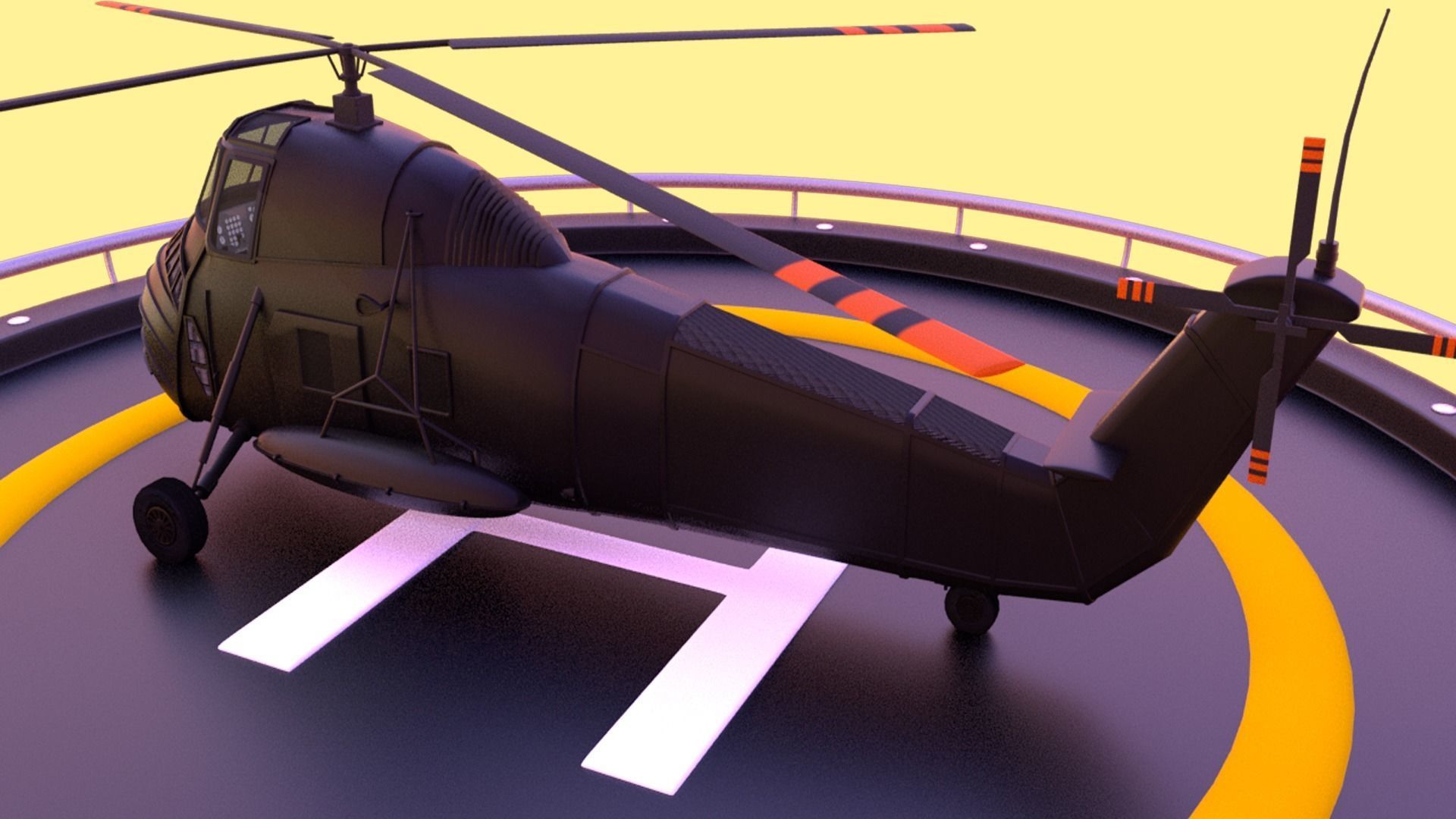 Helicopter hovering on circular platform Low-poly 3D model_5