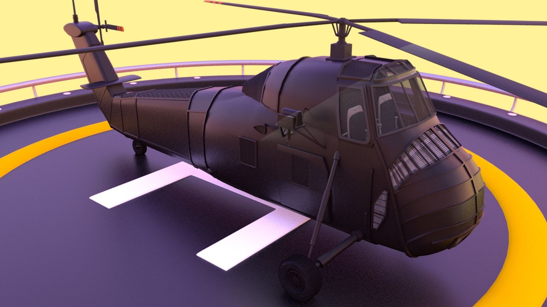 Helicopter hovering on circular platform Low-poly 3D model_2