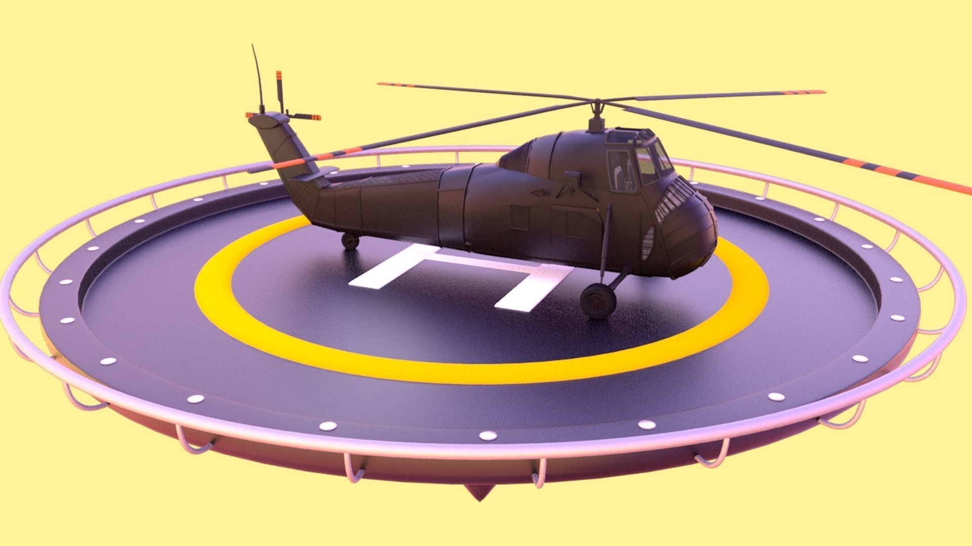 Helicopter hovering on circular platform Low-poly 3D model_9