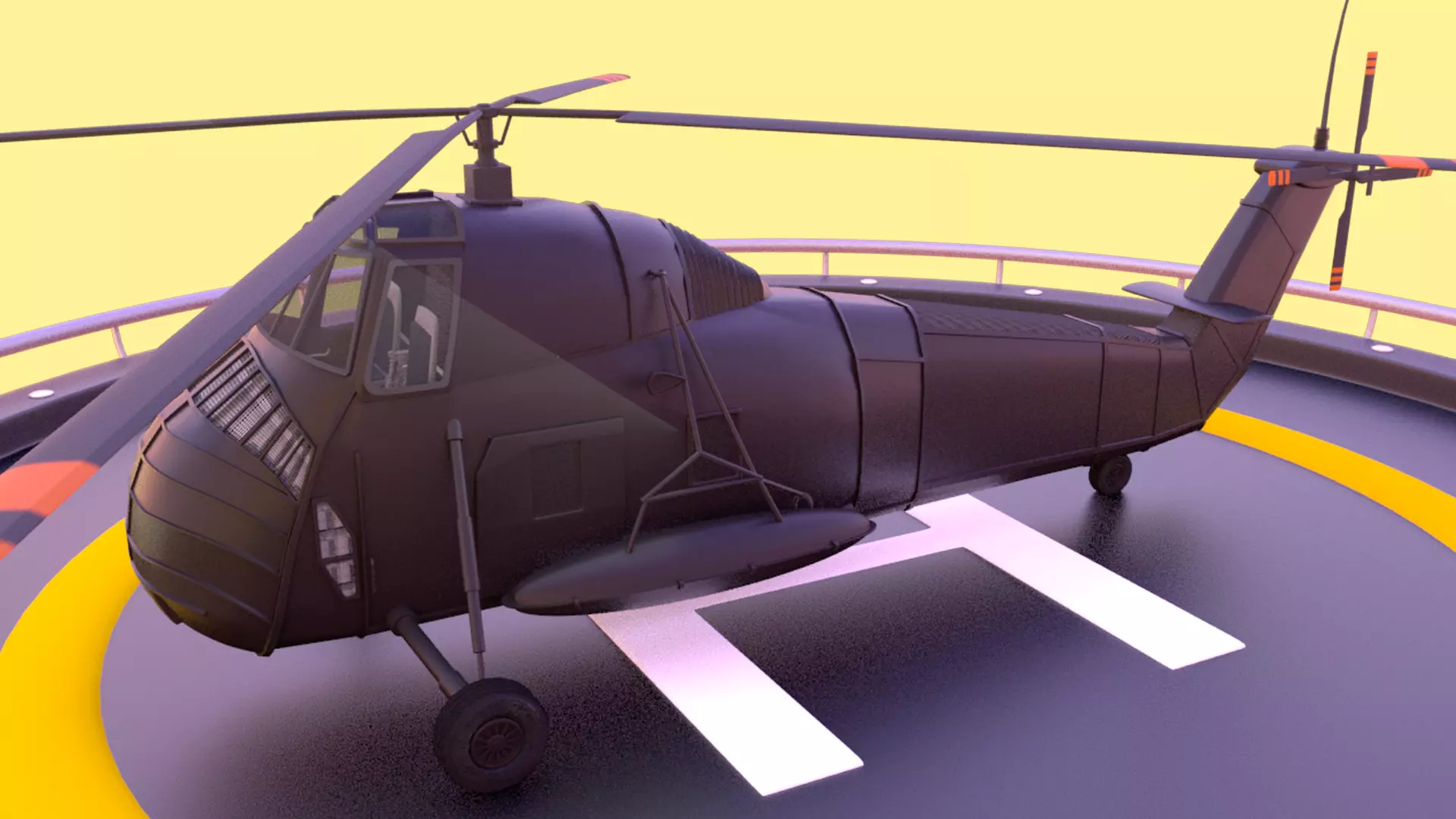 Helicopter hovering on circular platform Low-poly 3D model_0