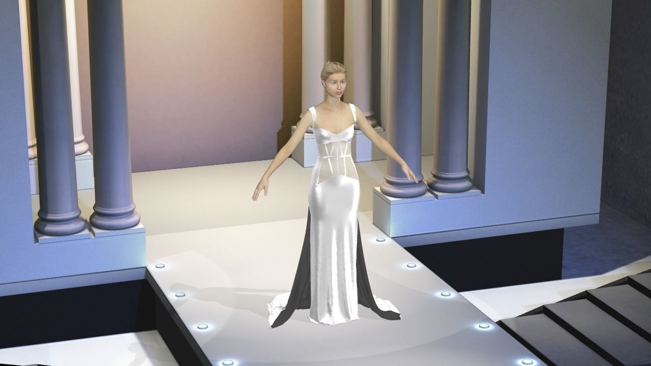 White corset  dress back tail 3D model_1