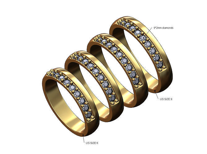Sided half eternity diamond rounded band US sizes 6 to 9 3D print model