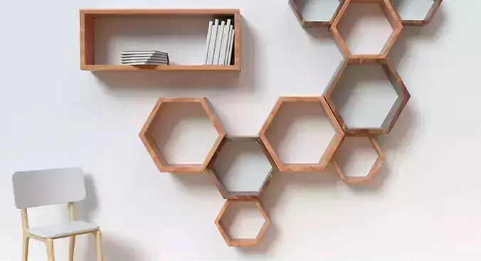 bookshelf shelf made of wooden hexagons and chair