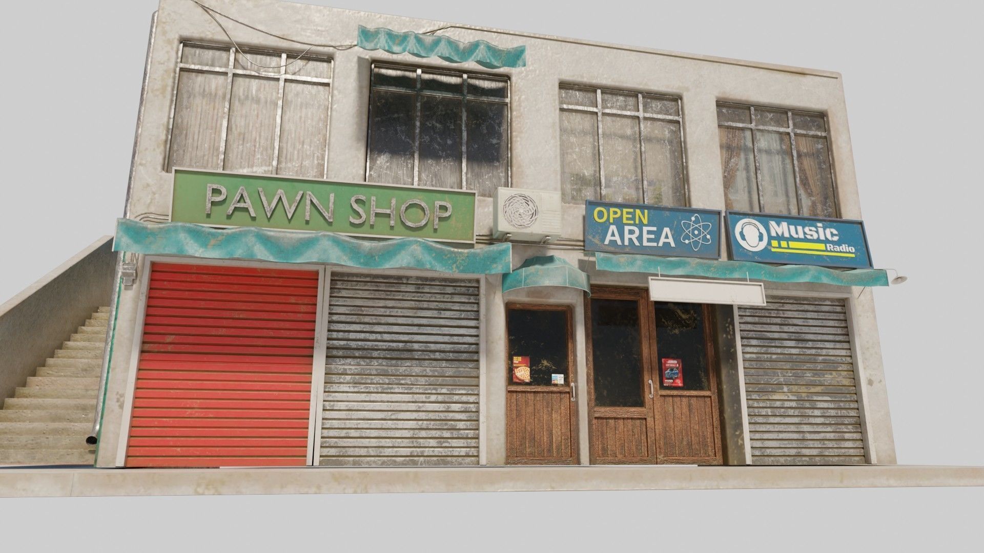 typical street Building with shops with 4k pbr textures Low-poly 3D model_1