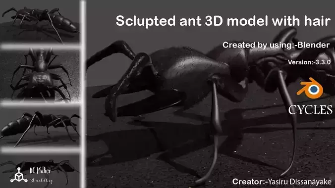 Sculpted ant 3D model with hair Low-poly 3D model