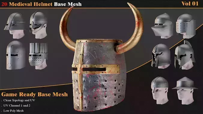 20 Medieval Helmet Base Mesh Vol 01 Game Ready Low-poly 3D model