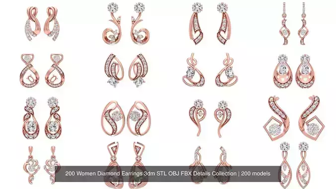 200 Women Diamond Earrings 3dm STL OBJ FBX Details Collection
