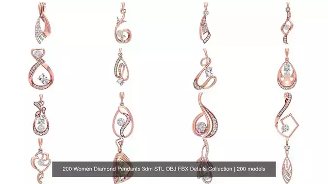 200 Women Diamond Pendants 3dm STL OBJ FBX Details Collection