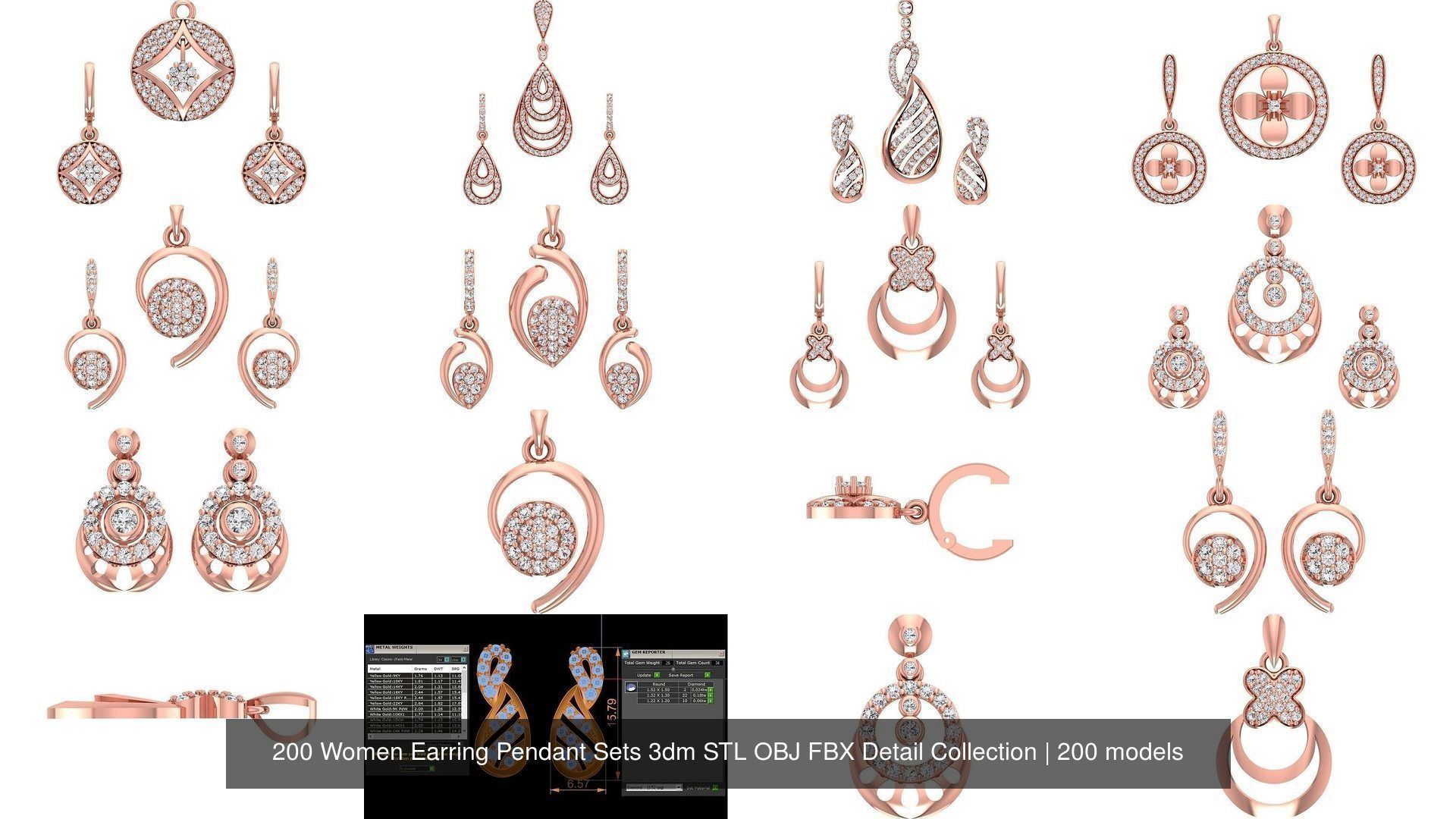 200 Women Earring Pendant Sets 3dm STL OBJ FBX Detail Collection _36