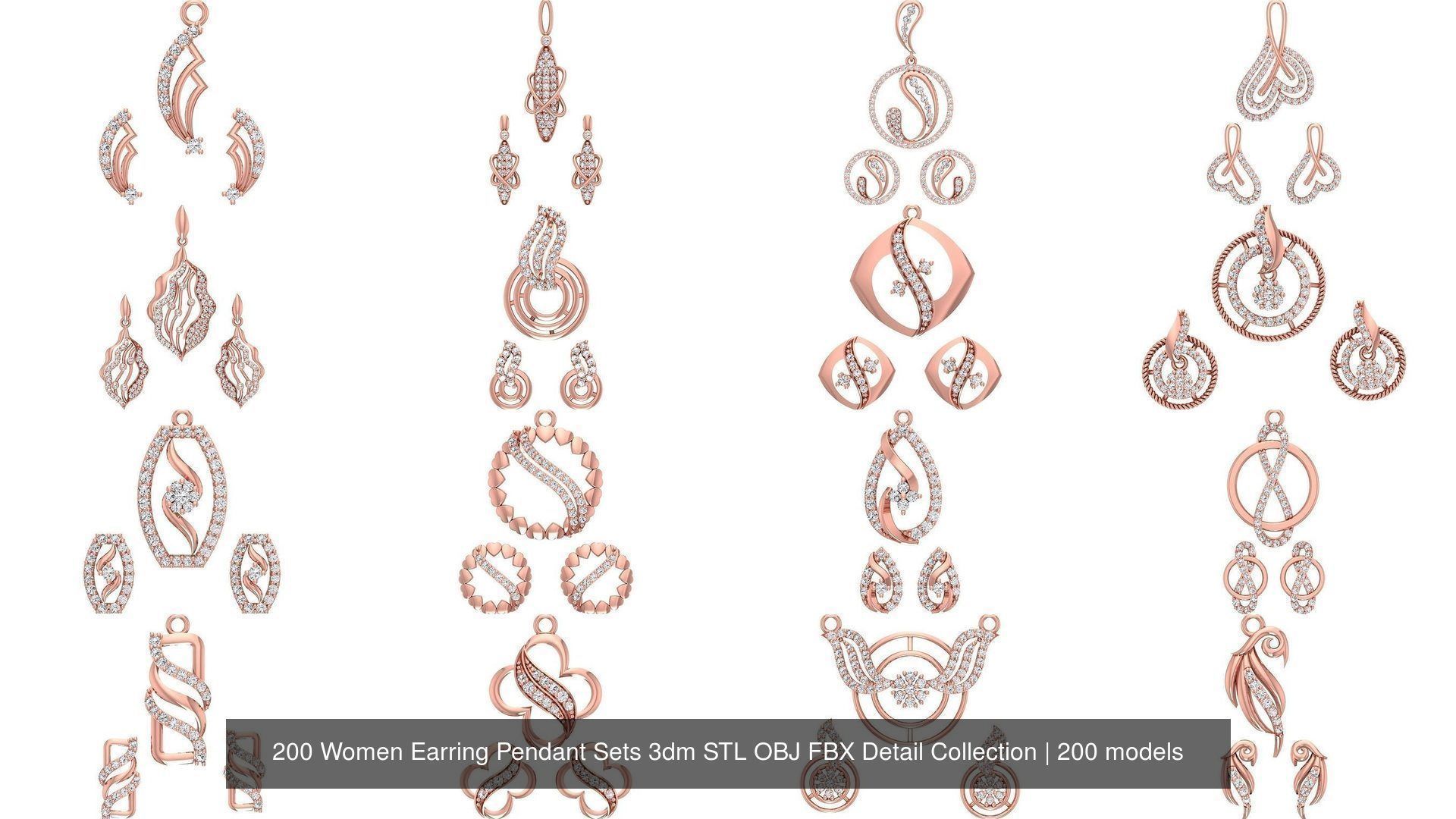 200 Women Earring Pendant Sets 3dm STL OBJ FBX Detail Collection _10