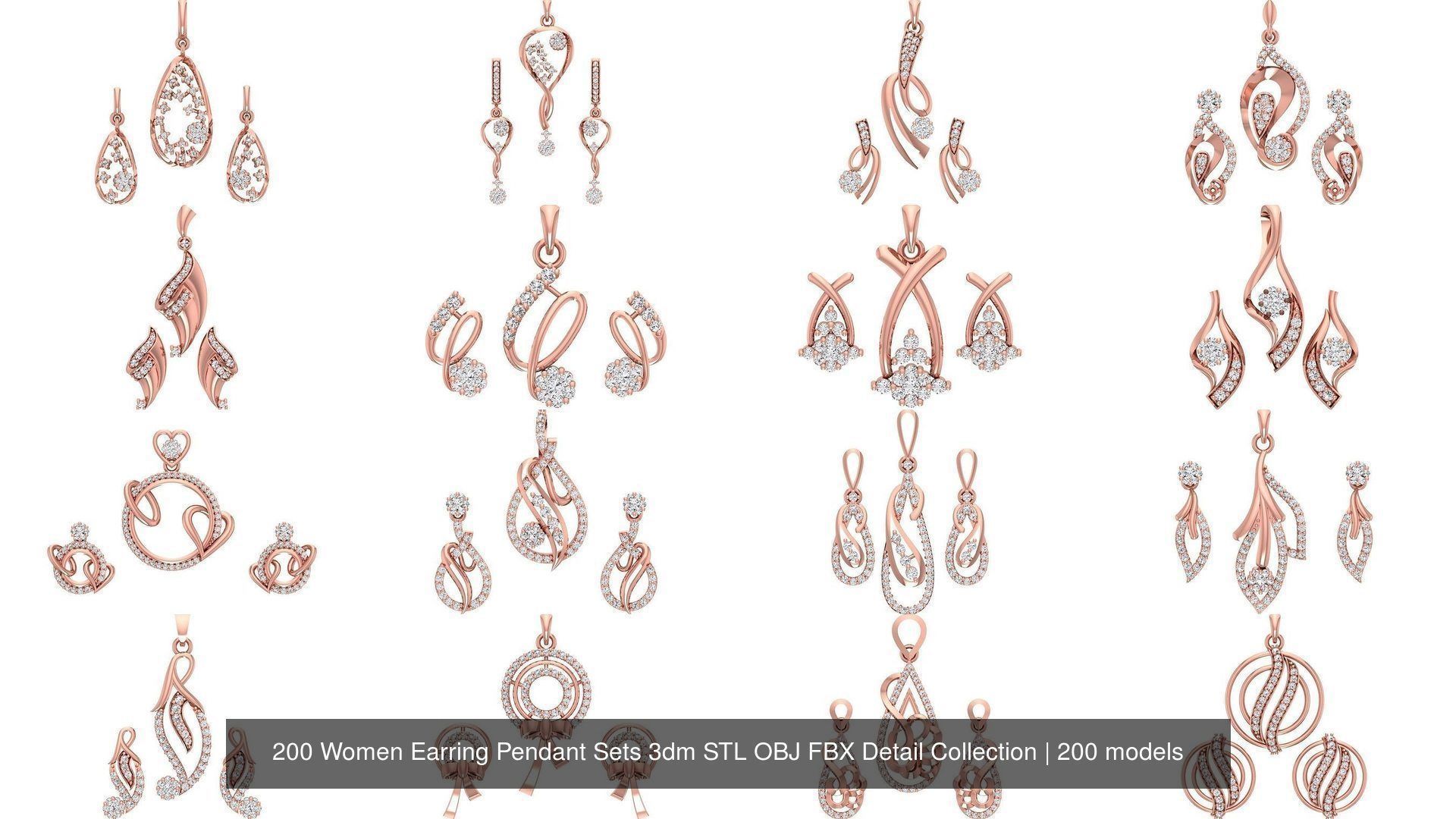 200 Women Earring Pendant Sets 3dm STL OBJ FBX Detail Collection _6