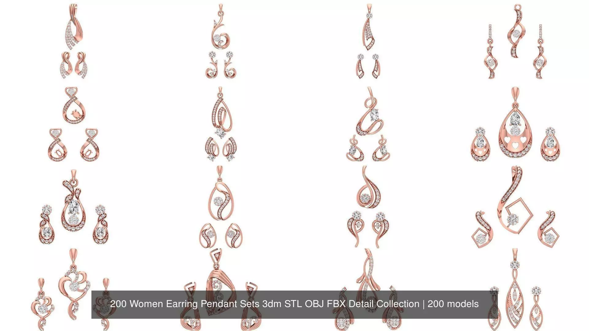 200 Women Earring Pendant Sets 3dm STL OBJ FBX Detail Collection _1