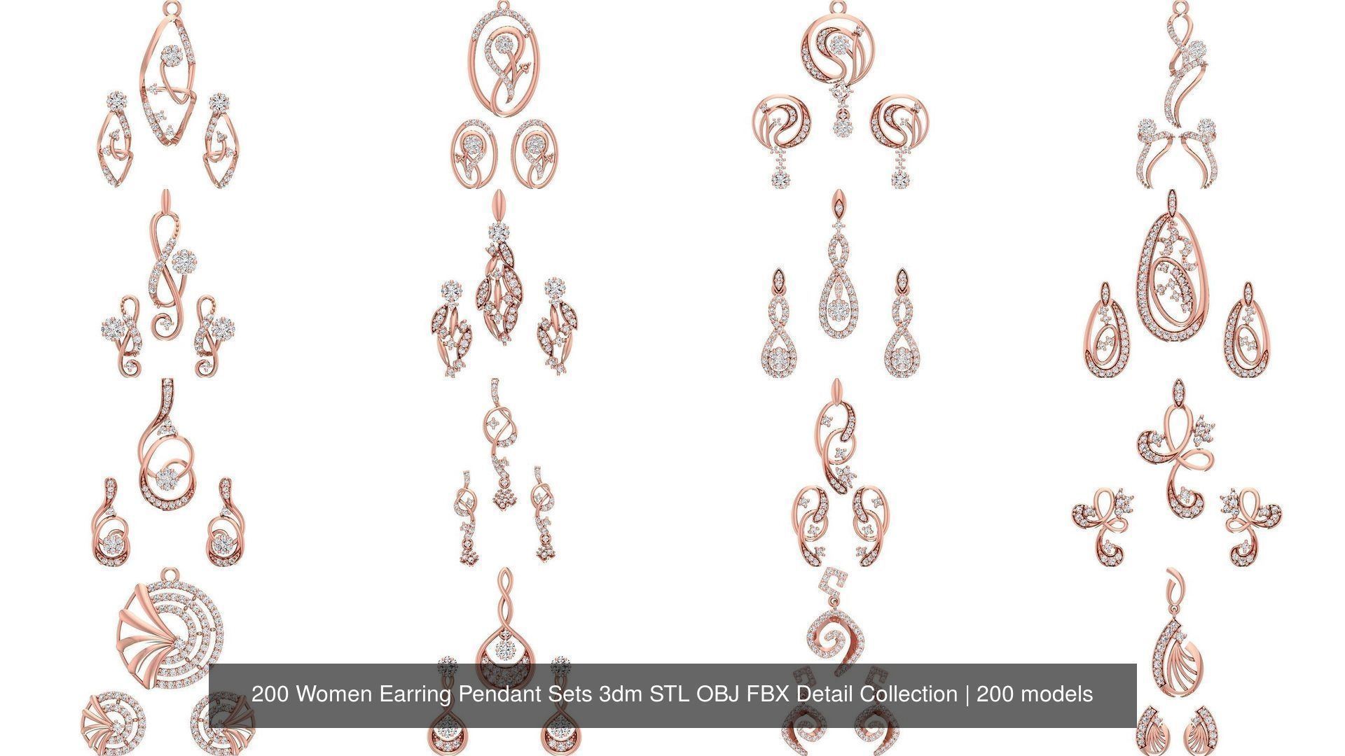 200 Women Earring Pendant Sets 3dm STL OBJ FBX Detail Collection _7