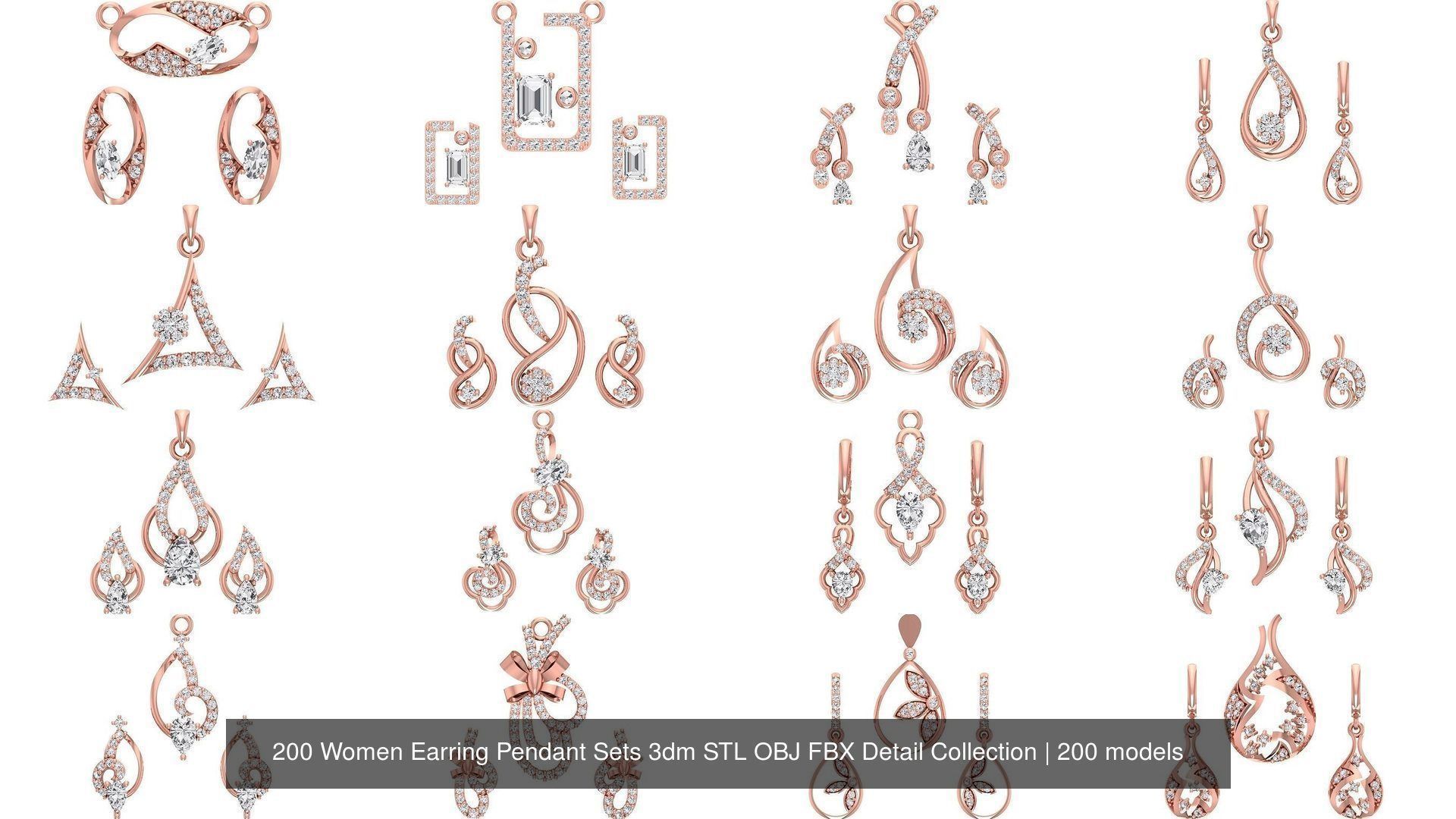200 Women Earring Pendant Sets 3dm STL OBJ FBX Detail Collection _37