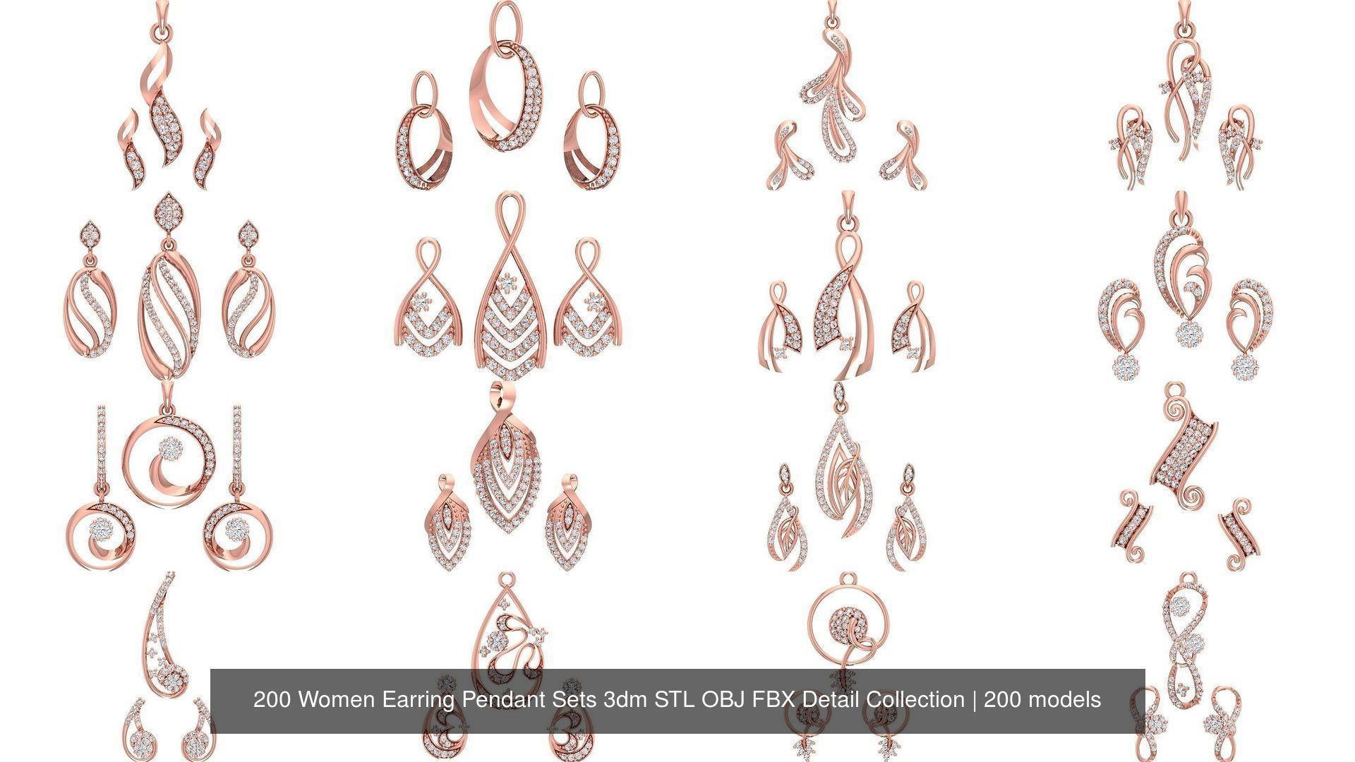 200 Women Earring Pendant Sets 3dm STL OBJ FBX Detail Collection _8