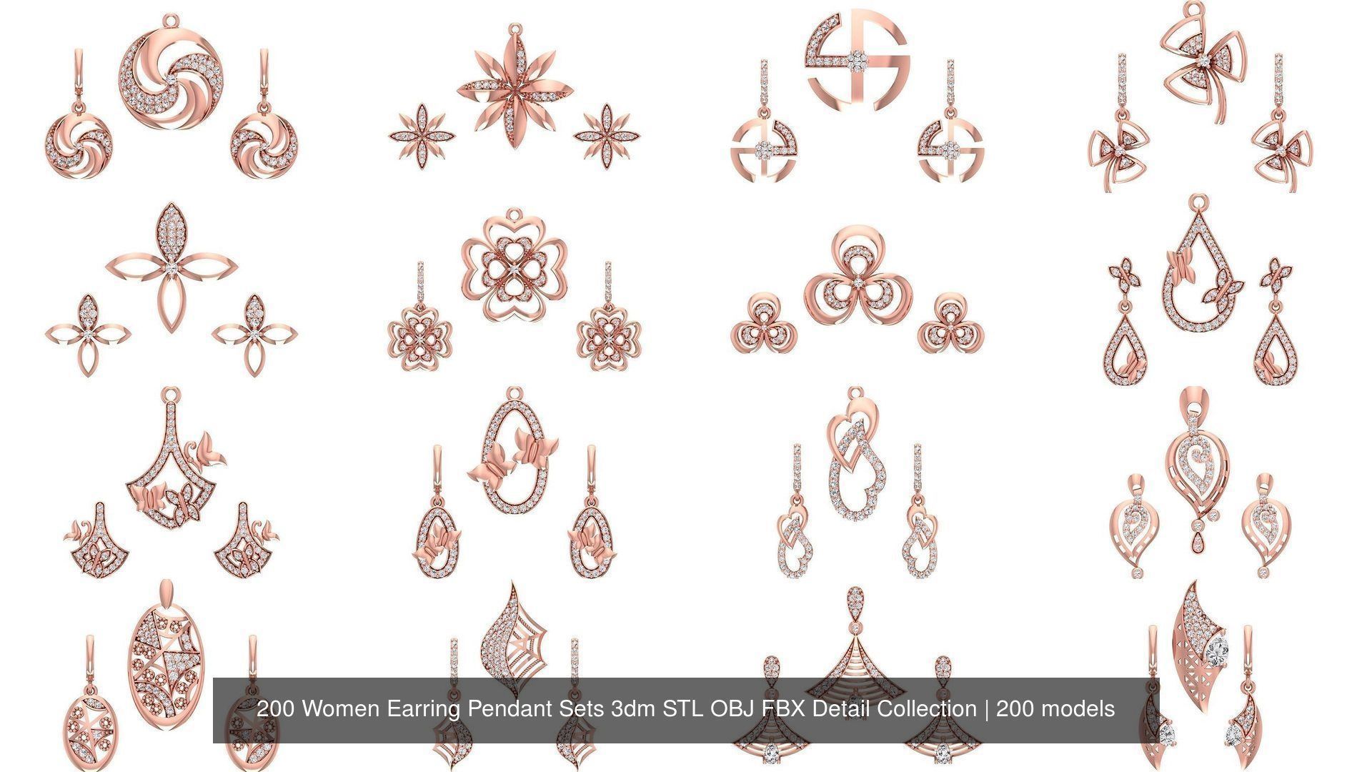 200 Women Earring Pendant Sets 3dm STL OBJ FBX Detail Collection _18
