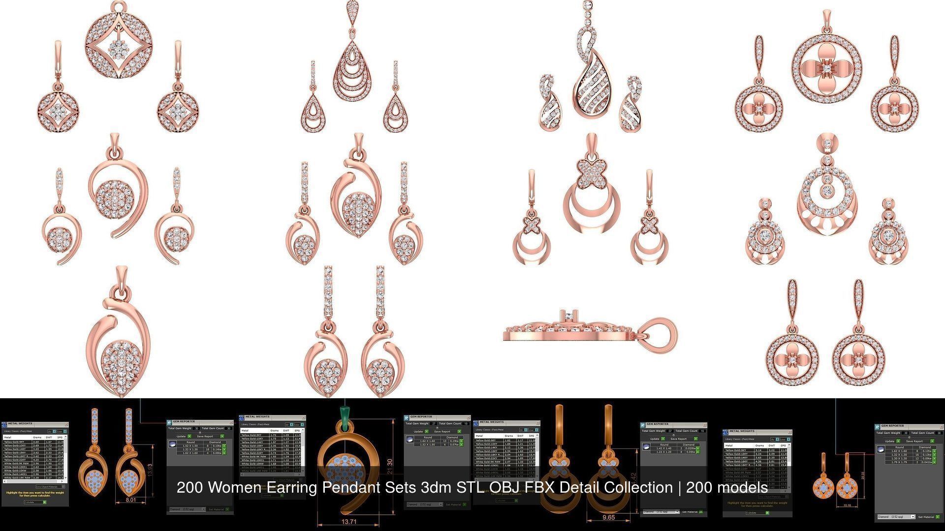 200 Women Earring Pendant Sets 3dm STL OBJ FBX Detail Collection _48
