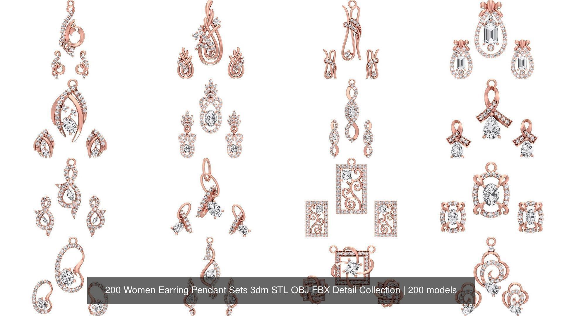 200 Women Earring Pendant Sets 3dm STL OBJ FBX Detail Collection _33