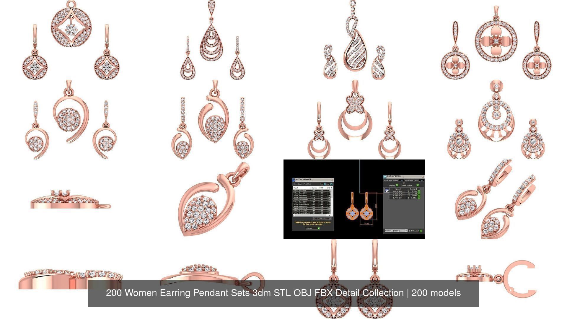 200 Women Earring Pendant Sets 3dm STL OBJ FBX Detail Collection _24