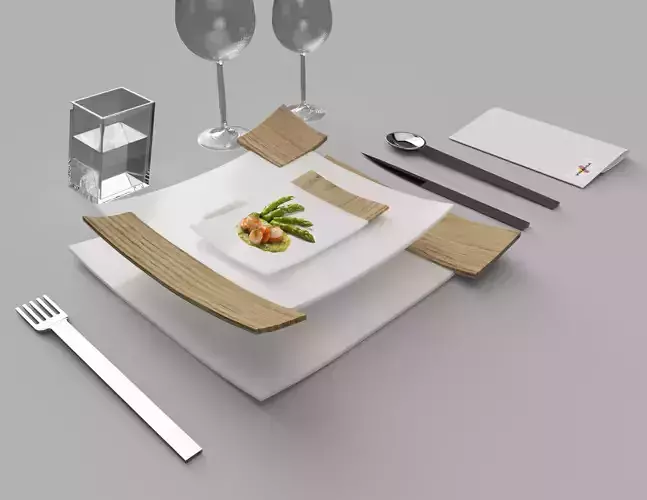 Dishes Set light fixture with three pieces of wood in air