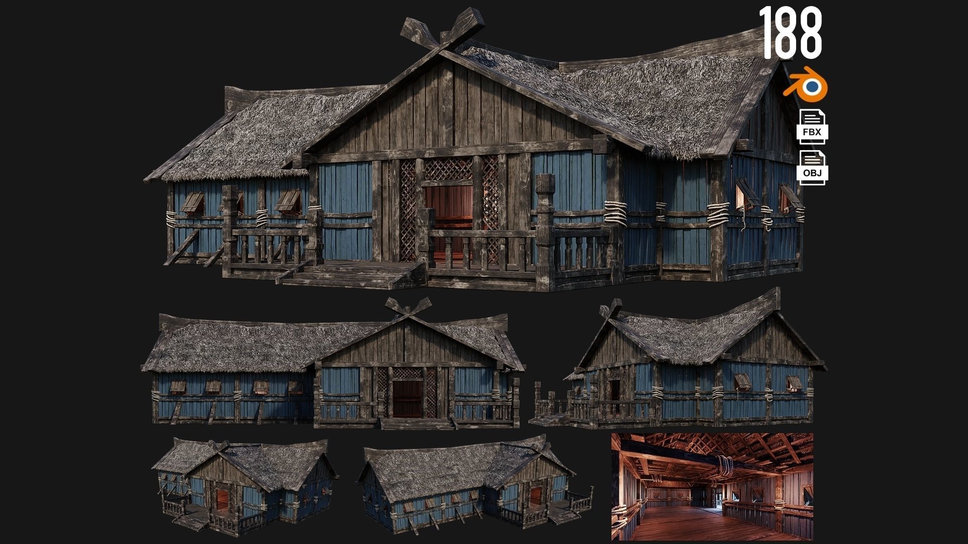 4 Old Viking Houses Pack 4K Textures GameReady 185 to 188 Low-poly 3D model_4