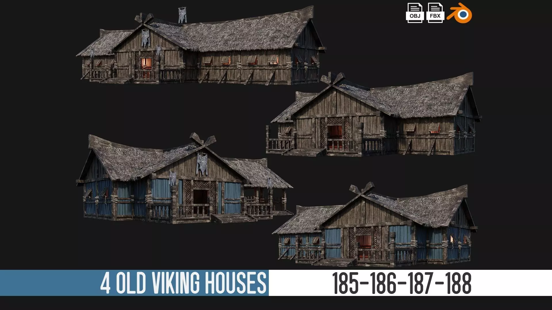 4 Old Viking Houses Pack 4K Textures GameReady 185 to 188 Low-poly 3D model_0