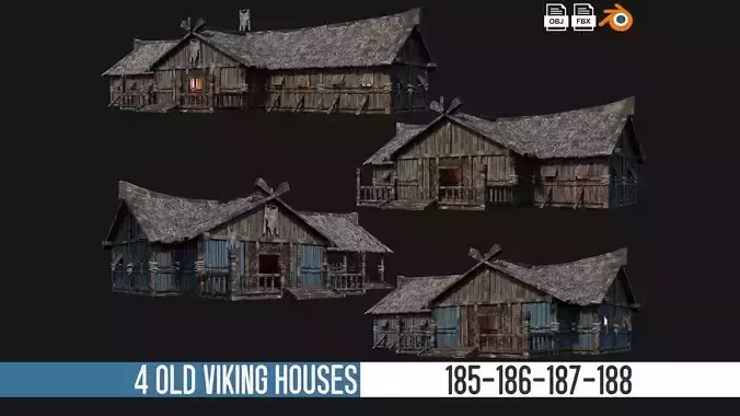 4 Old Viking Houses Pack 4K Textures GameReady 185 to 188 Low-poly 3D model
