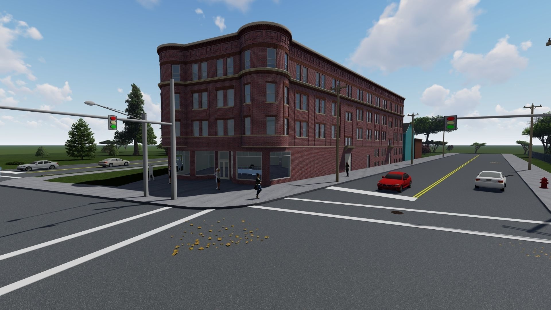 Large Brick Corner Apartment Building 3D model_1