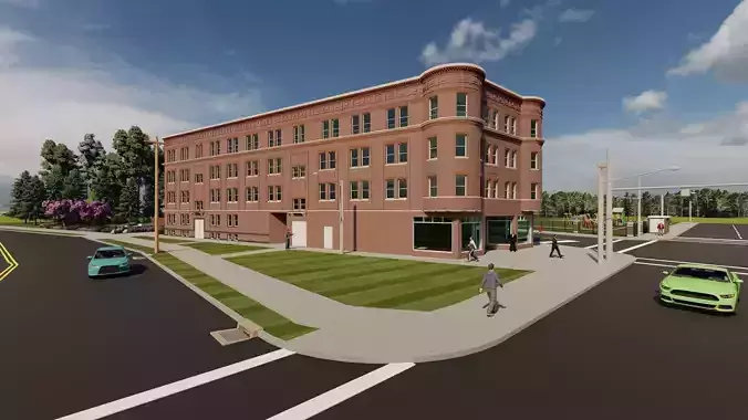 Large Brick Corner Apartment Building