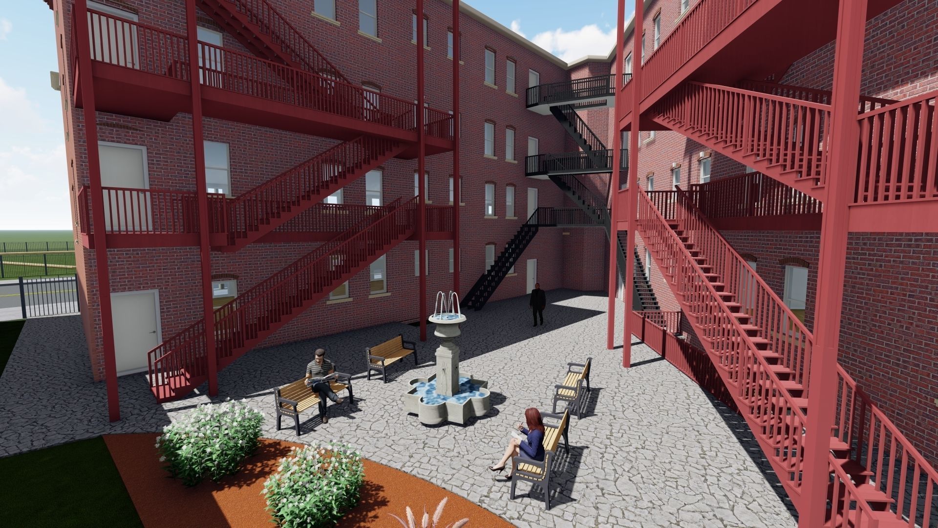 Large Brick Corner Apartment Building 3D model_34