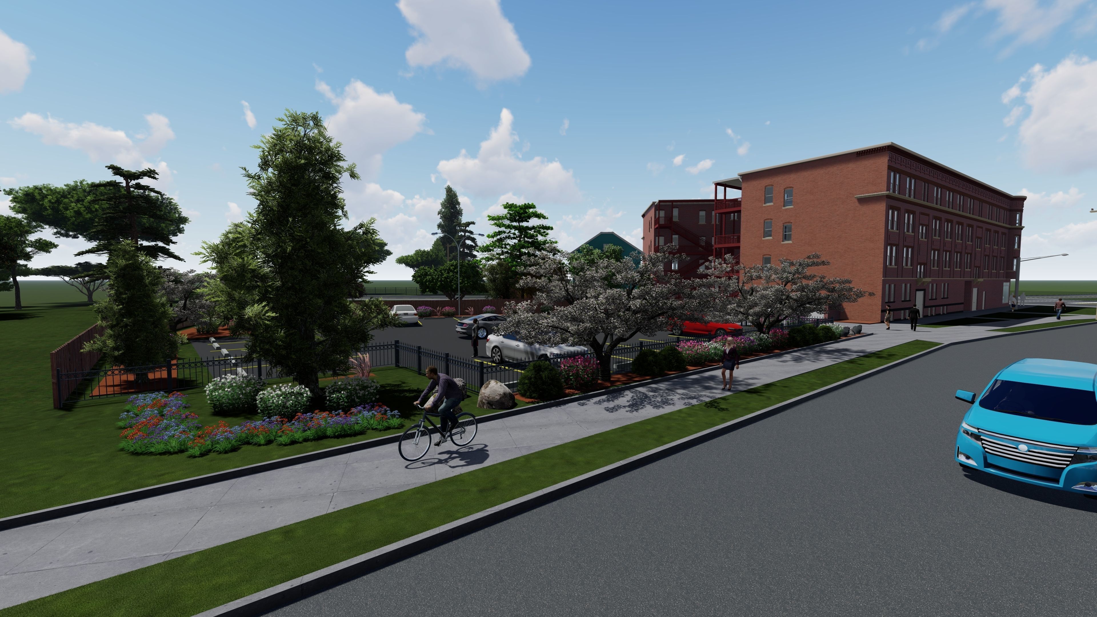 Large Brick Corner Apartment Building 3D model_2