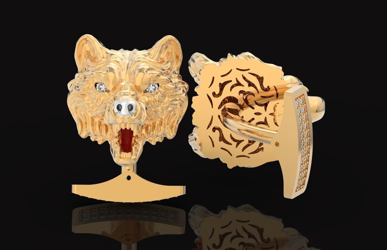 mens set ring wolf and cufflinks with stones  3D Model Collection_49