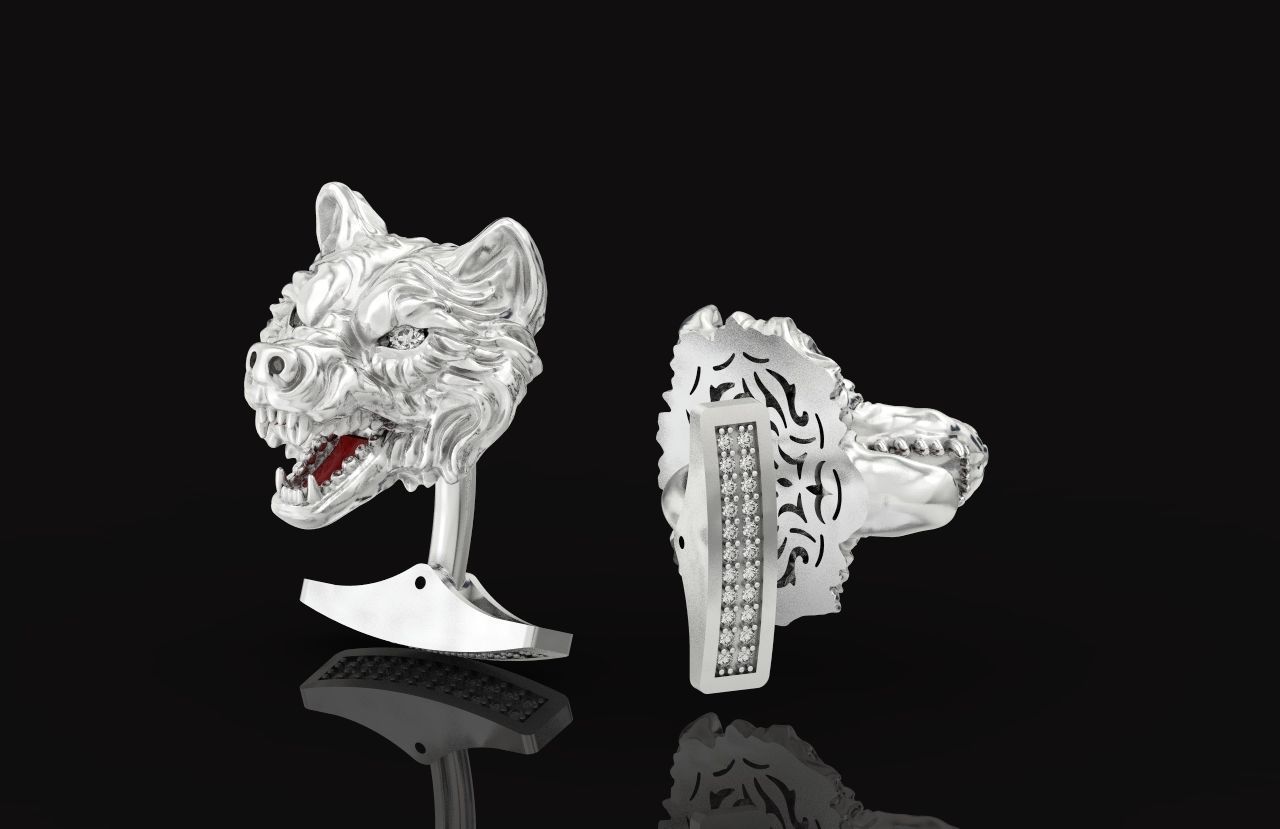 mens set ring wolf and cufflinks with stones  3D Model Collection_51