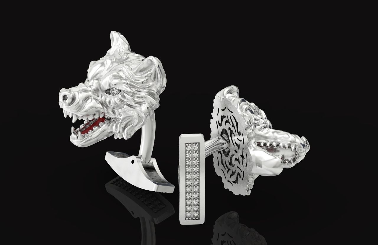 mens set ring wolf and cufflinks with stones  3D Model Collection_48