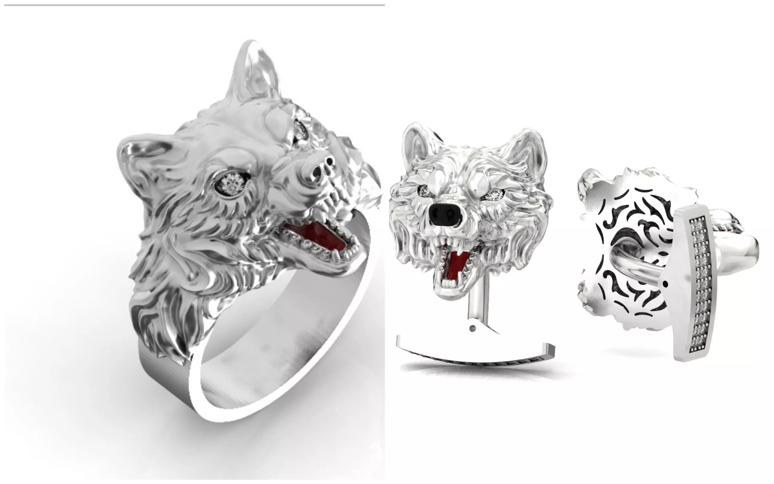 mens set ring wolf and cufflinks with stones  3D Model Collection_0