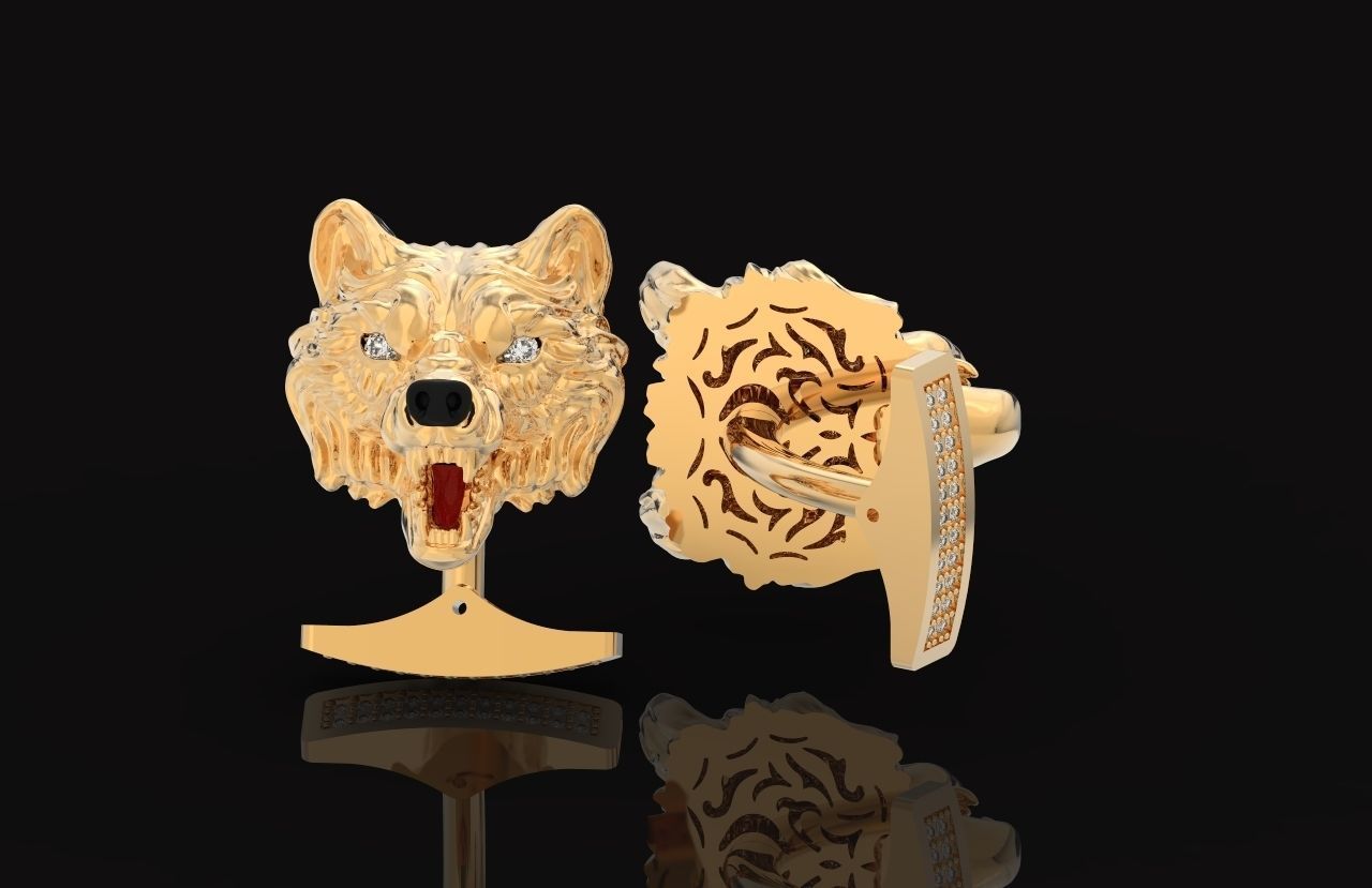 mens set ring wolf and cufflinks with stones  3D Model Collection_53