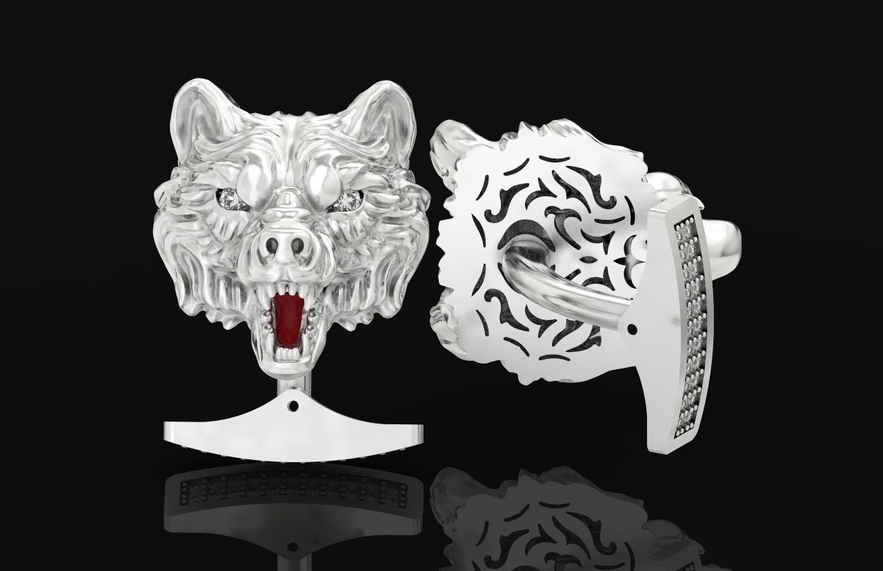 mens set ring wolf and cufflinks with stones  3D Model Collection_54