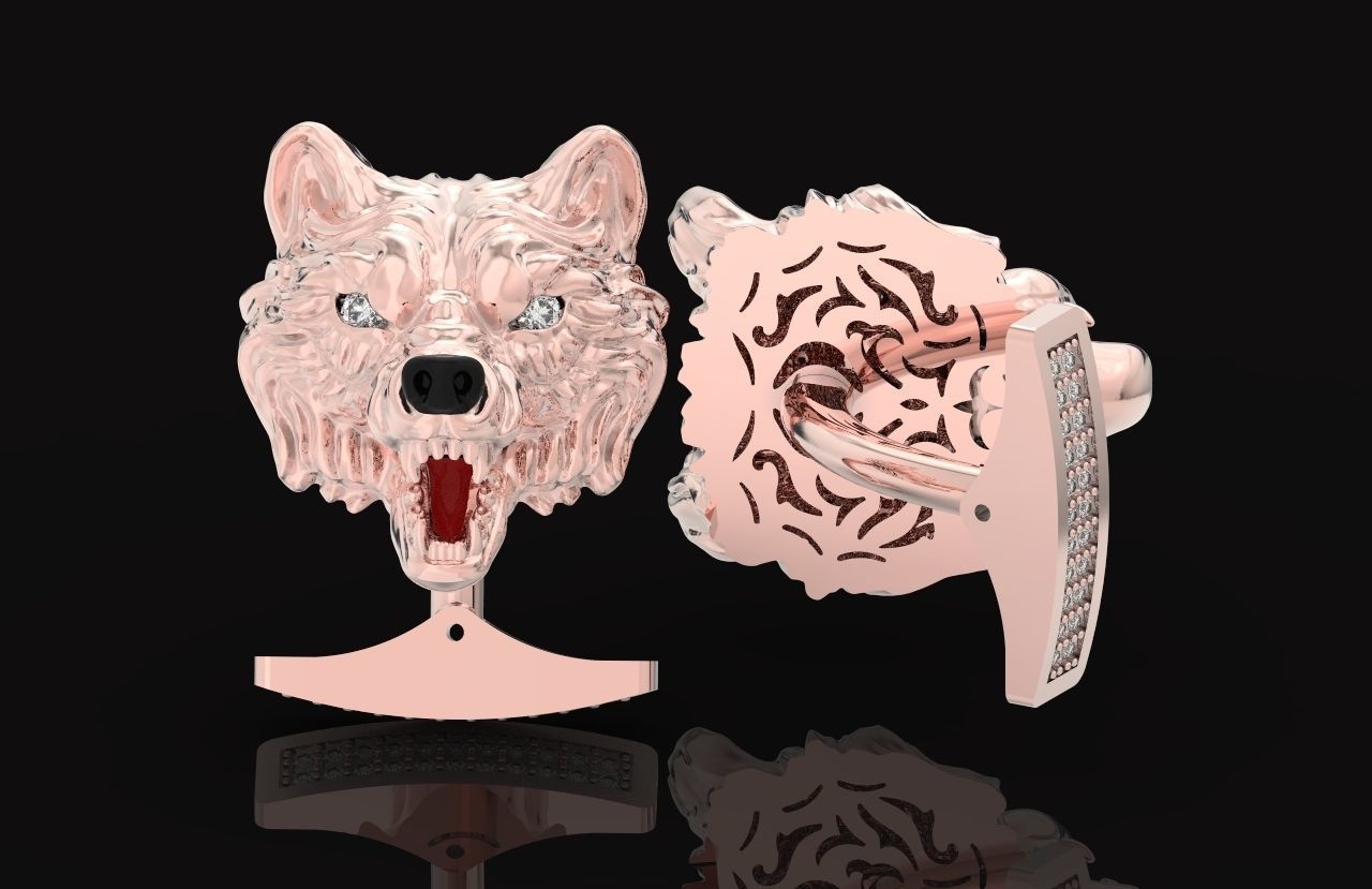 mens set ring wolf and cufflinks with stones  3D Model Collection_55