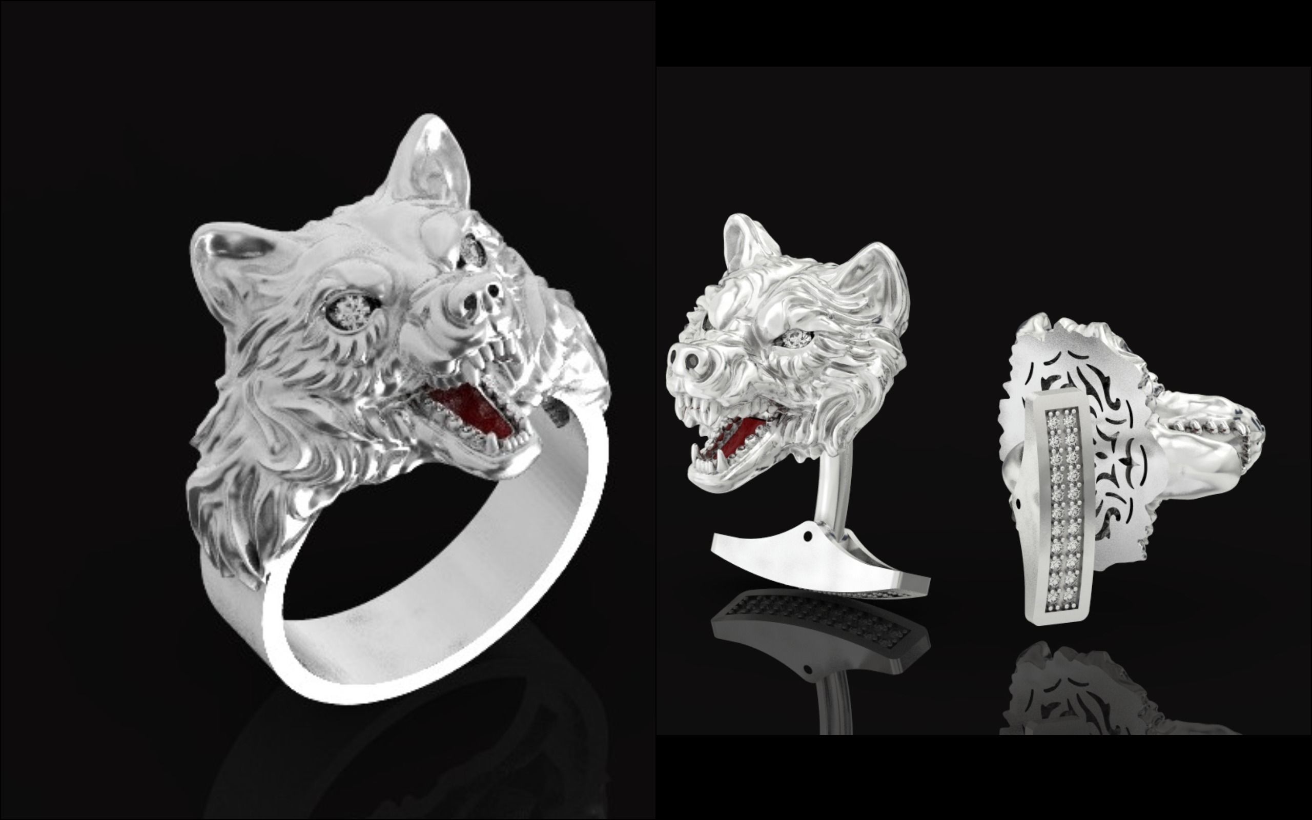mens set ring wolf and cufflinks with stones  3D Model Collection_2