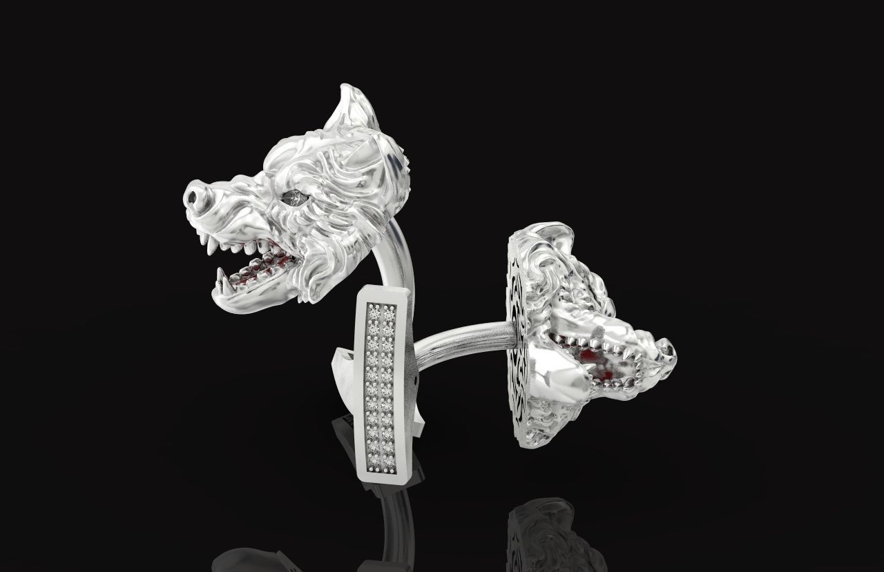 mens set ring wolf and cufflinks with stones  3D Model Collection_47