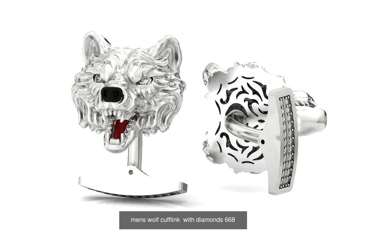 mens set ring wolf and cufflinks with stones  3D Model Collection_6