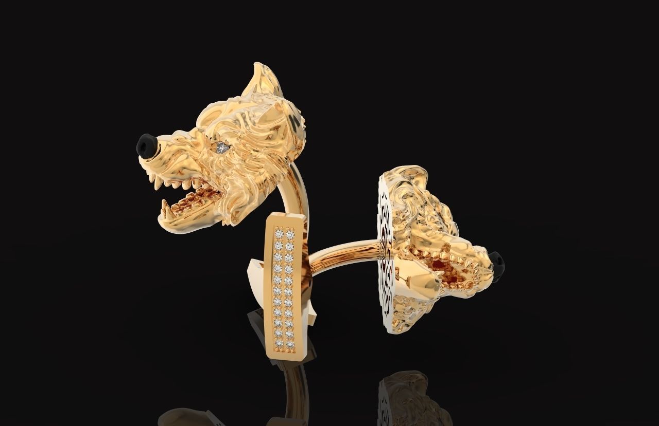 mens set ring wolf and cufflinks with stones  3D Model Collection_46