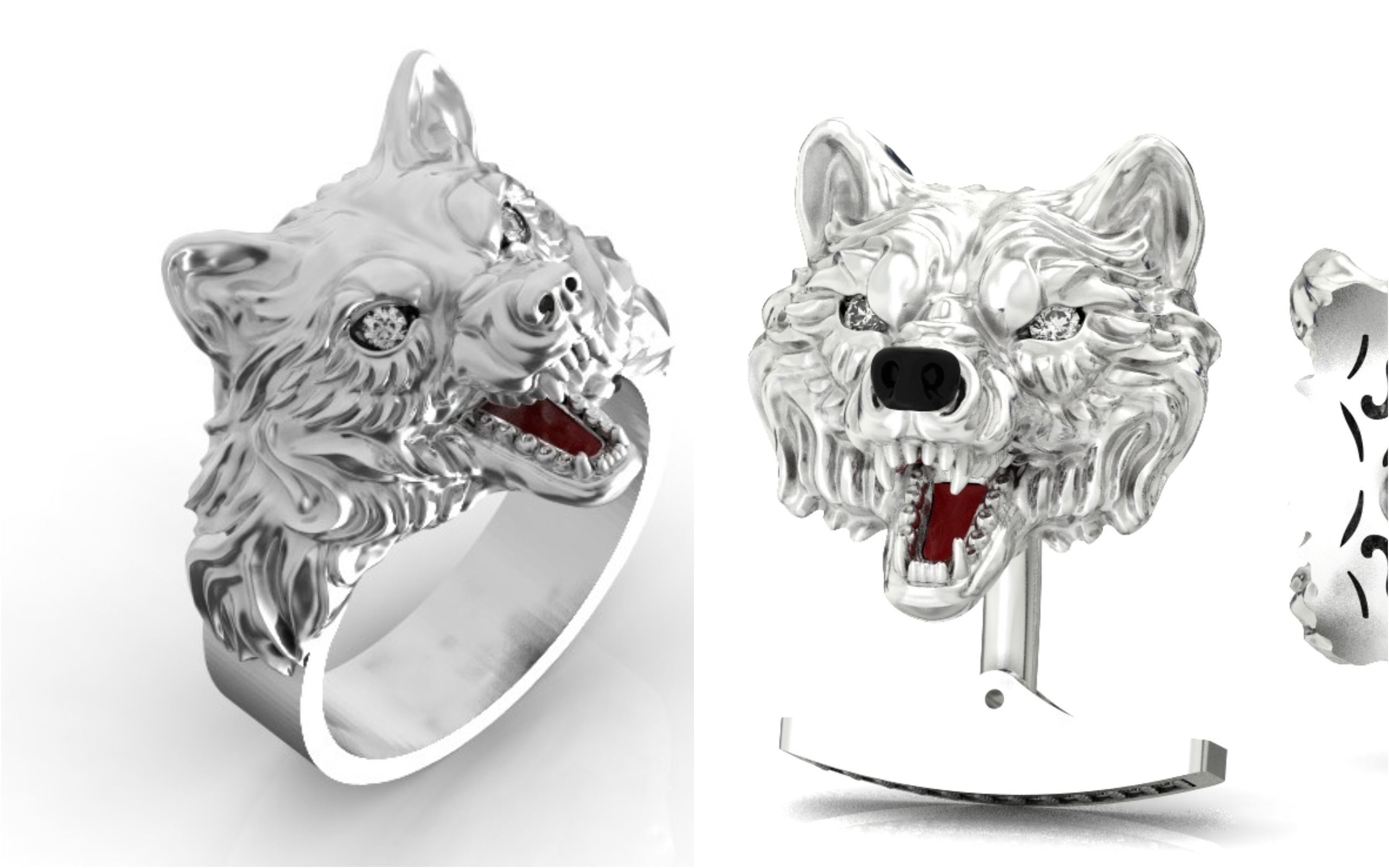 mens set ring wolf and cufflinks with stones  3D Model Collection_4