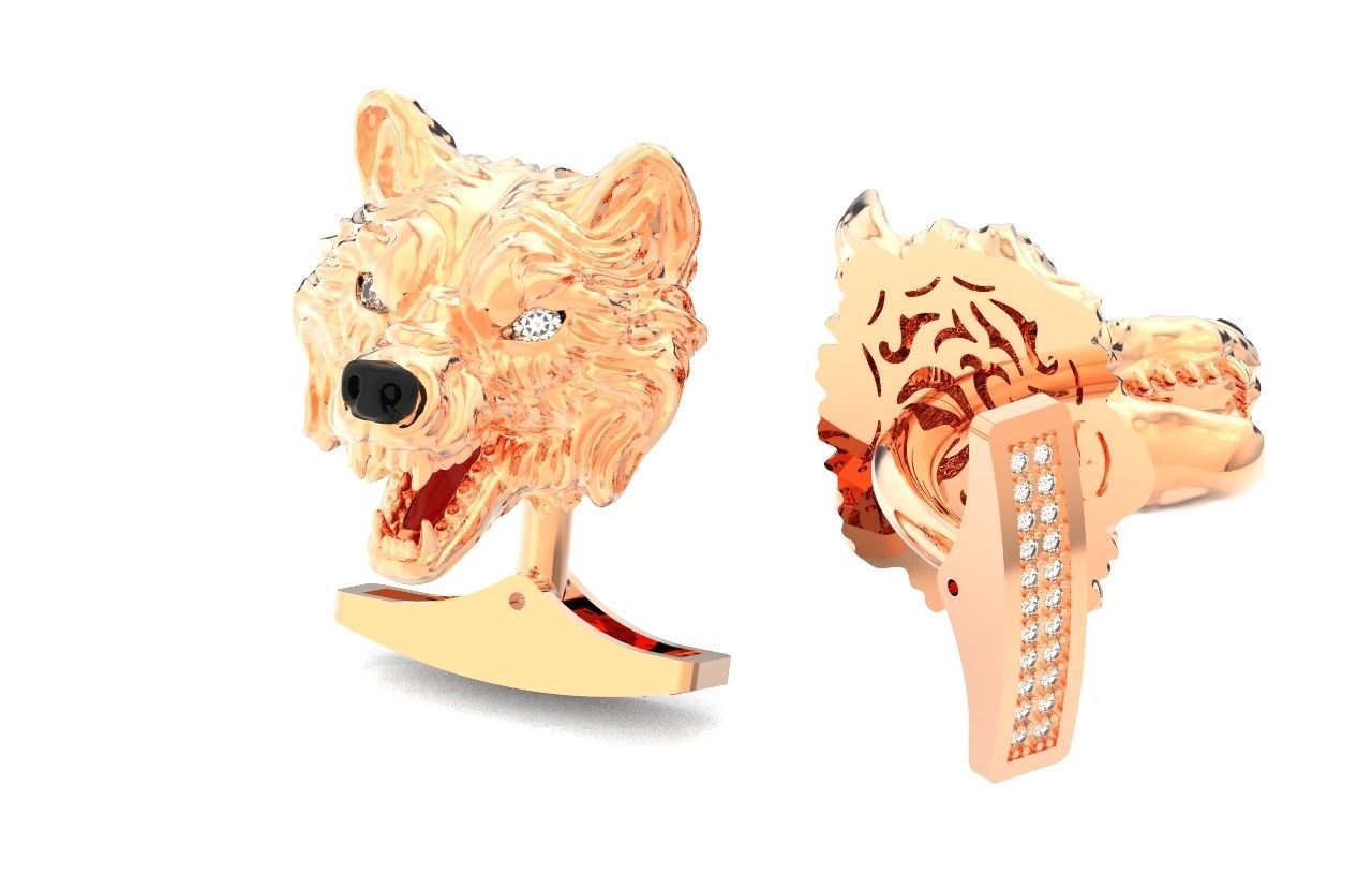 mens set ring wolf and cufflinks with stones  3D Model Collection_45
