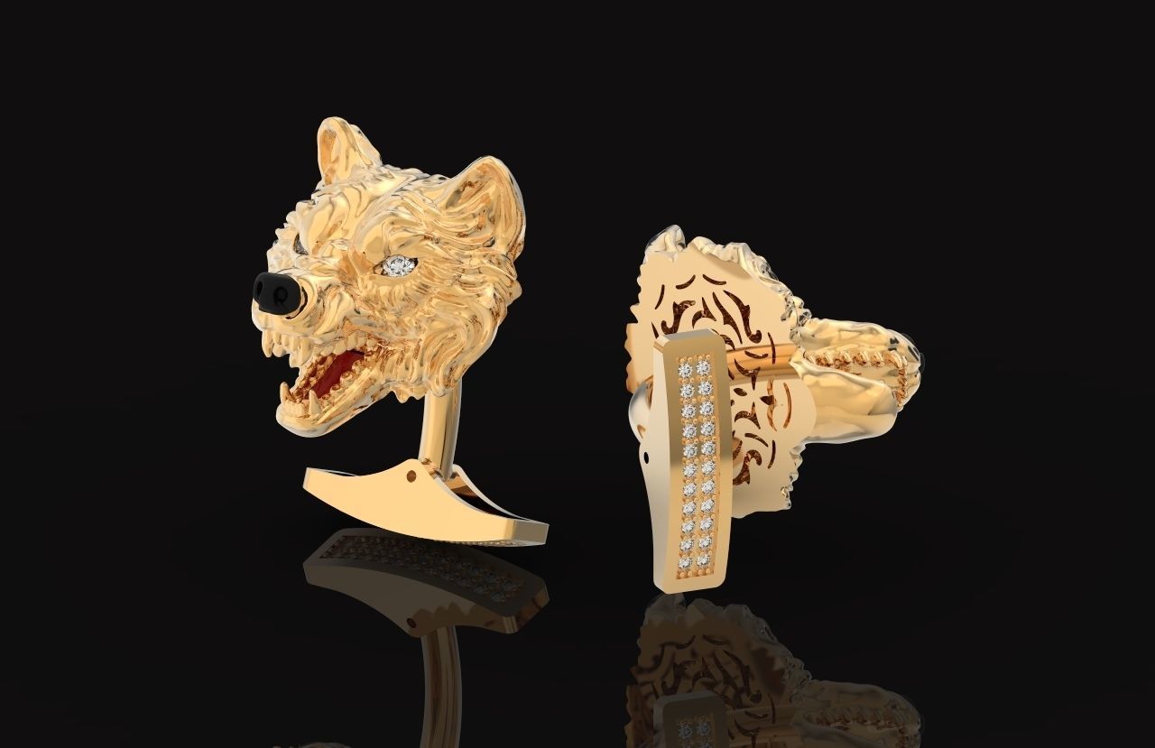 mens set ring wolf and cufflinks with stones  3D Model Collection_40